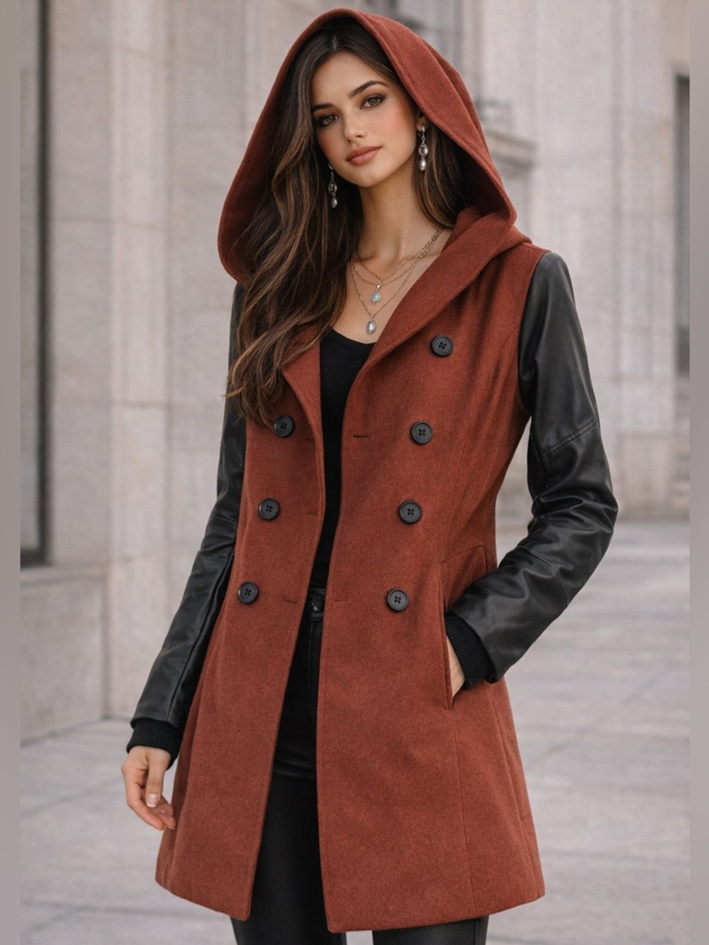 Twik Simons Wool Blend Coat Faux Leather Hooded Double Breasted Rust Black